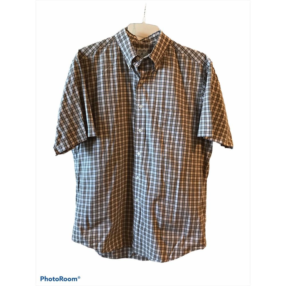 Brooks Brothers Sport Shirt L Blue Yellow Plaid Excellent Short Sleeve Button Up